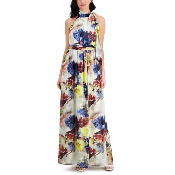 MSRP $159.00 NWT Anne Klein Printed Tie-Neck Sleeveless Smocked-Waist Maxi Dress - Picture 2 of 10